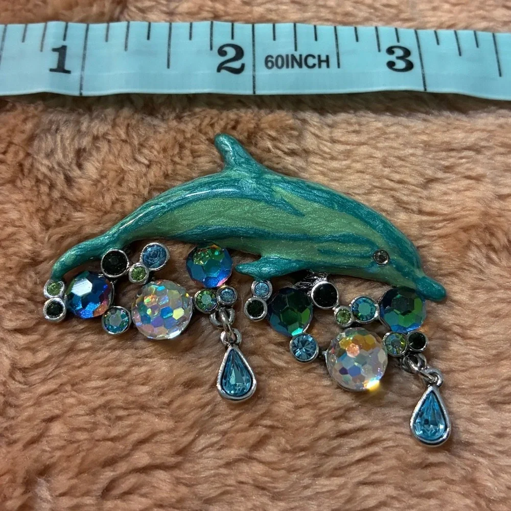 Kirks‎ Folly Dolphin Brooch Pin Teal Enamel AB Crystal Dangle Silver Tone 3 Inch